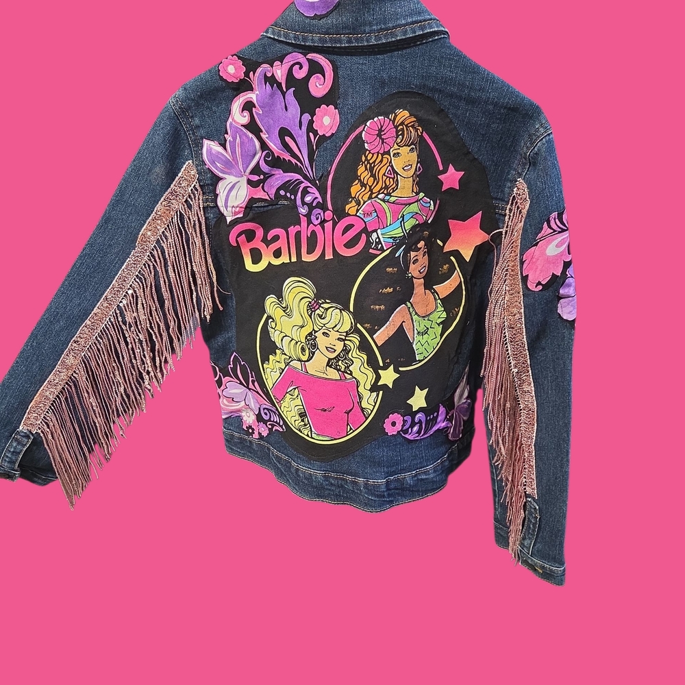 Upcycled Place Denim Jacket with Pink and Purple Accents